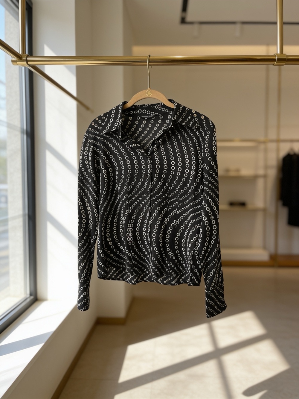 Samuel Dong Avante-Garde Black & White Op-Art Wavy Circle Print Blouse M
